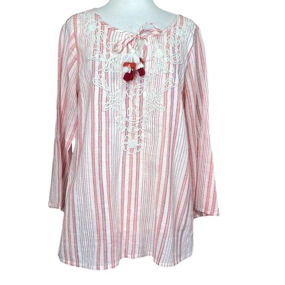 Soft Surroundings Tassel Top Size Medium Cotton Boho Stripe Beach Blouse - Picture 1 of 6